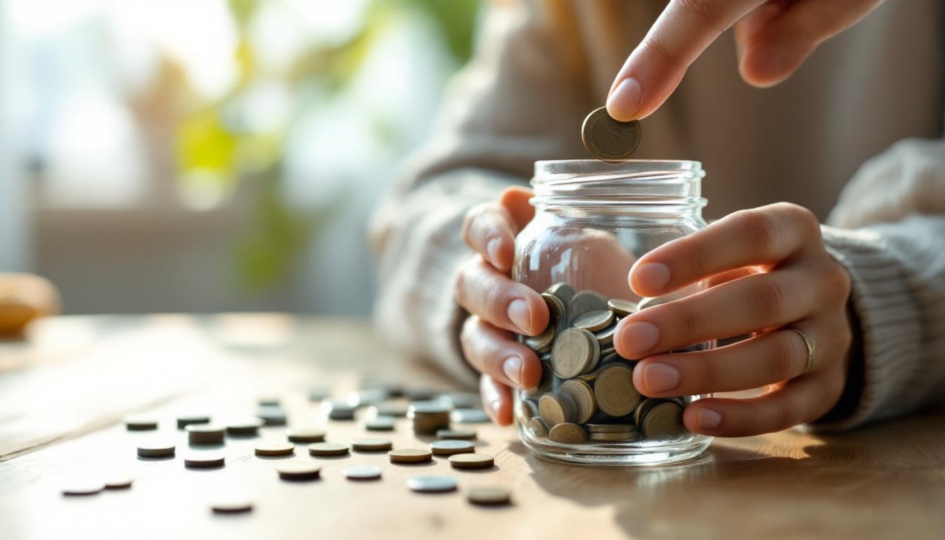 Hands placing coins into a glass savings jar on a wooden table, representing the act of building emergency savings