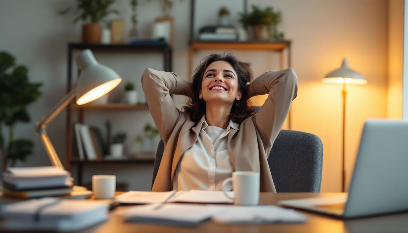 Woman sitting back in her home office chair with a satisfied expression, suggesting financial accomplishment and security