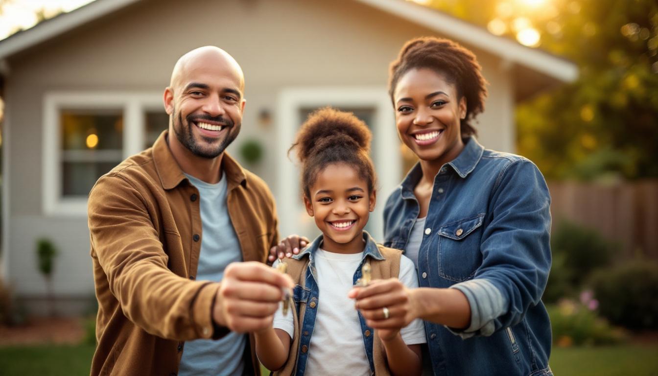Happy interracial family of three holding house keys together in front of their new home, celebrating successful homeownership