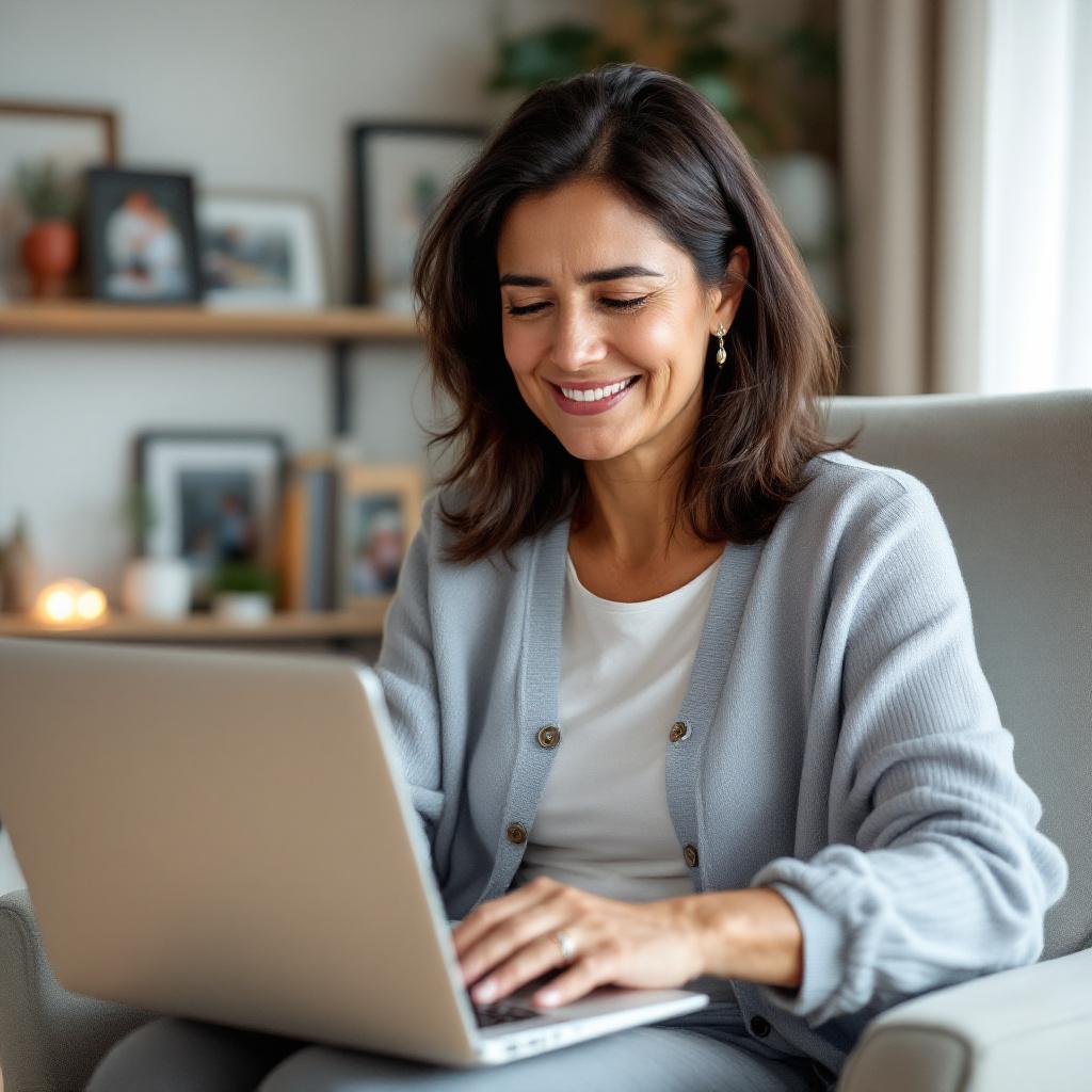 Woman looking relieved and accomplished after completing financial work in her home office